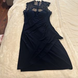 Xscape navy lace panel ruched dress, size 4.